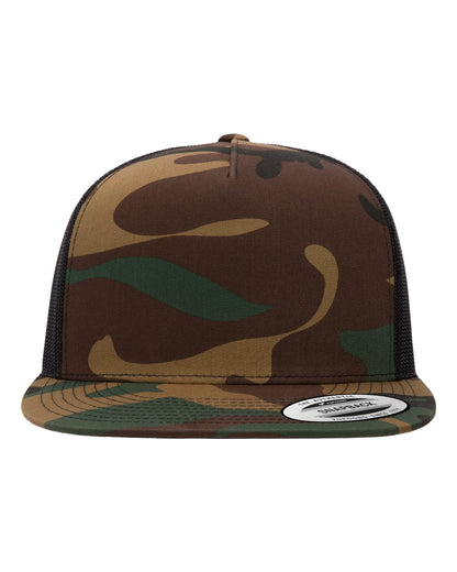 YP Classics 6006 Five-Panel Flat Bill Trucker Cap in Green Camo/Black