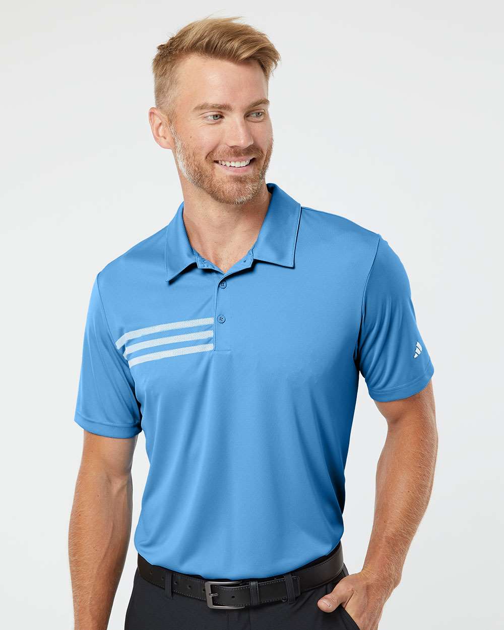 adidas Men's 3-Stripes Chest Polo in Lucky Blue/ White, style A324