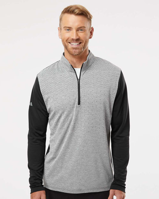 adidas Men's Ultimate365 Heather Block Print Quarter-Zip Pullover in Black Melange/ Black/ Grey Three, style A522