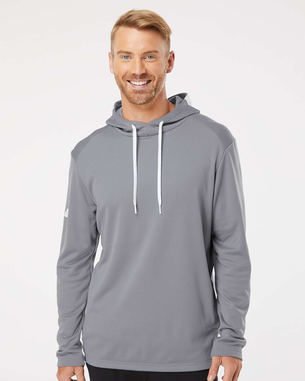 adidas Men's Textured Mixed Media Midweight Hooded Sweatshirt in Grey Three, style A530
