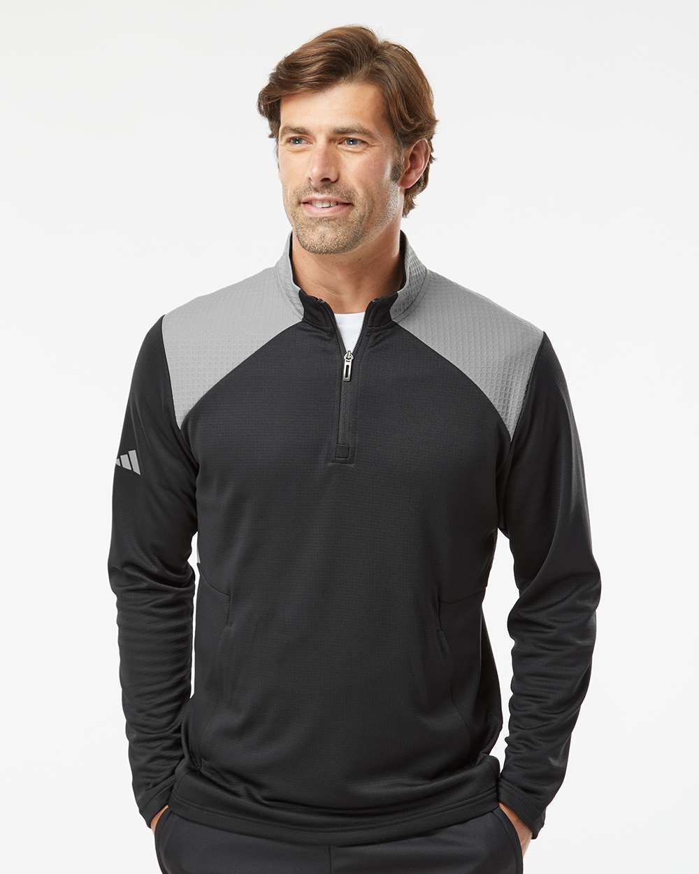 adidas Men's Textured Mixed Media Quarter-Zip Pullover in Black/ Grey Three, style A532