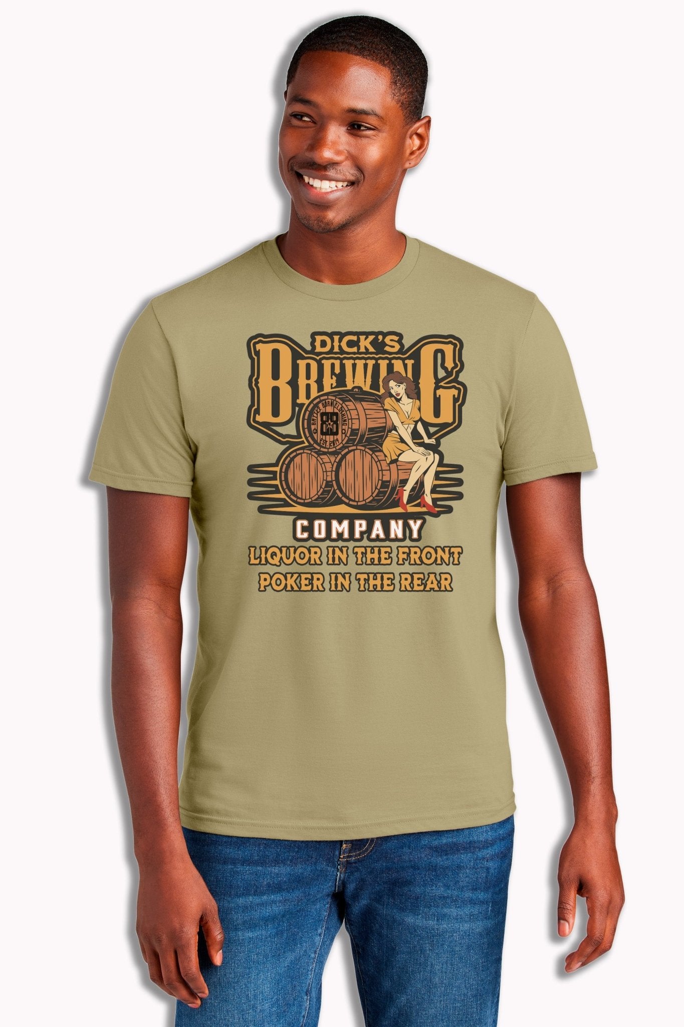 Dick’s Brewing Co. “Liquor in the Front, Poker in the Rear” Graphic Tee on a handsome Fashion model - Shop Battle Born Clothing