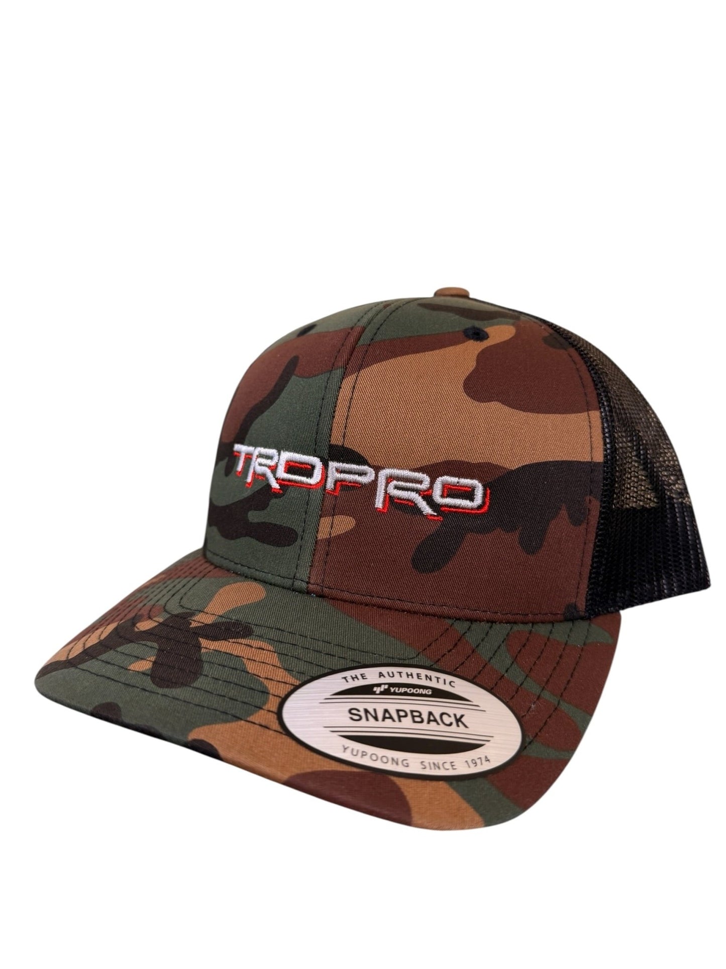 Camouflage Toyota trucker cap with 'TRD PRO' logo on a white background