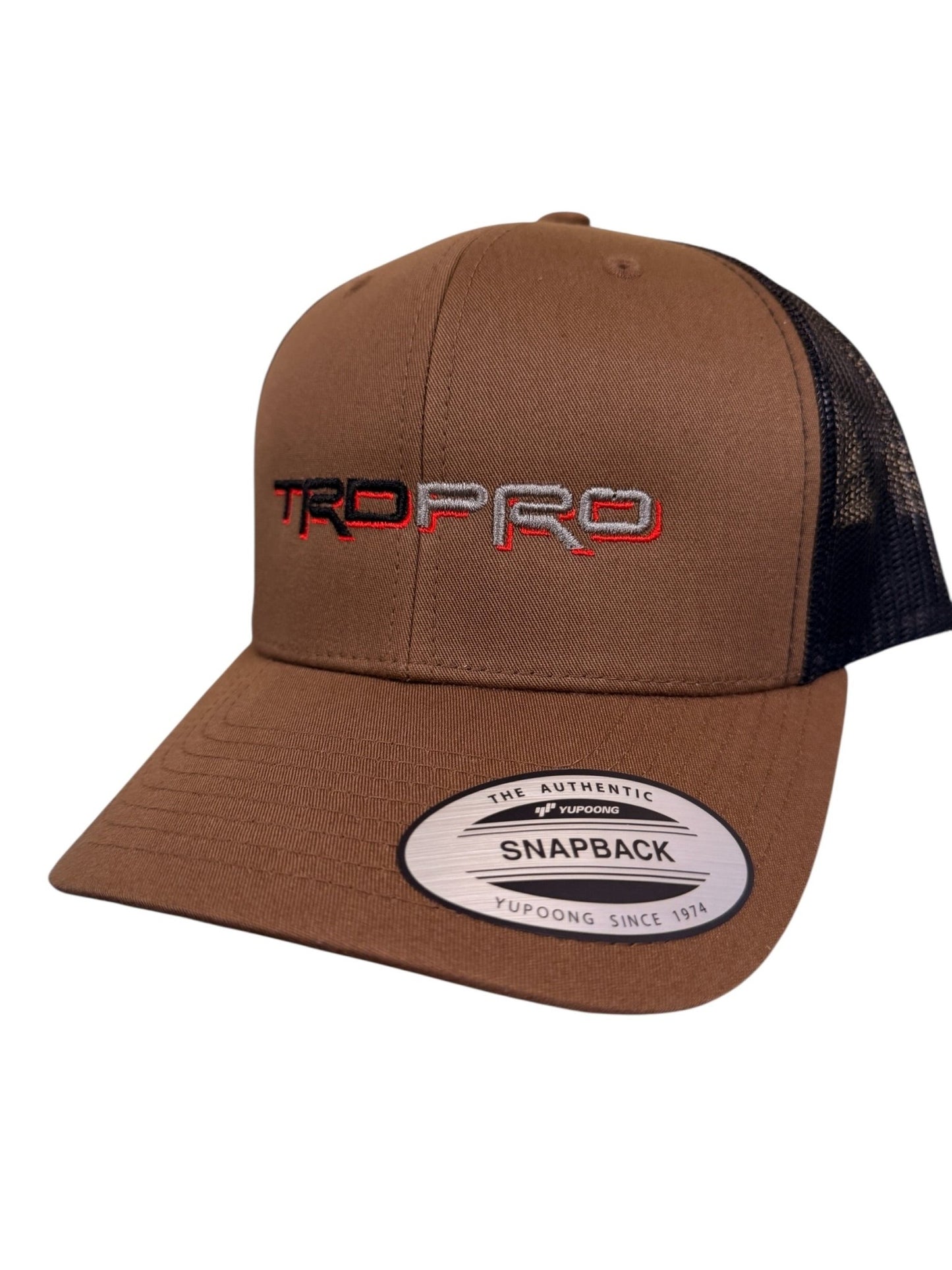 Brown and black trucker cap with 'TRD PRO' logo By Battle Born Clothing