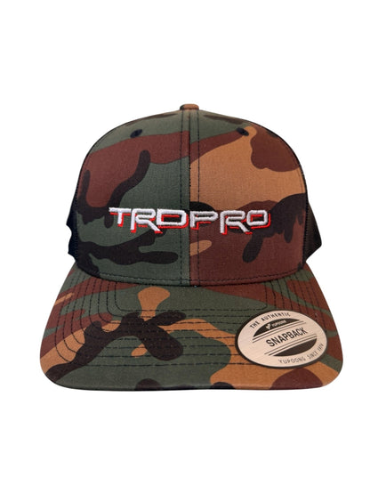 Camouflage baseball cap with 'TRD PRO' logo on a white background