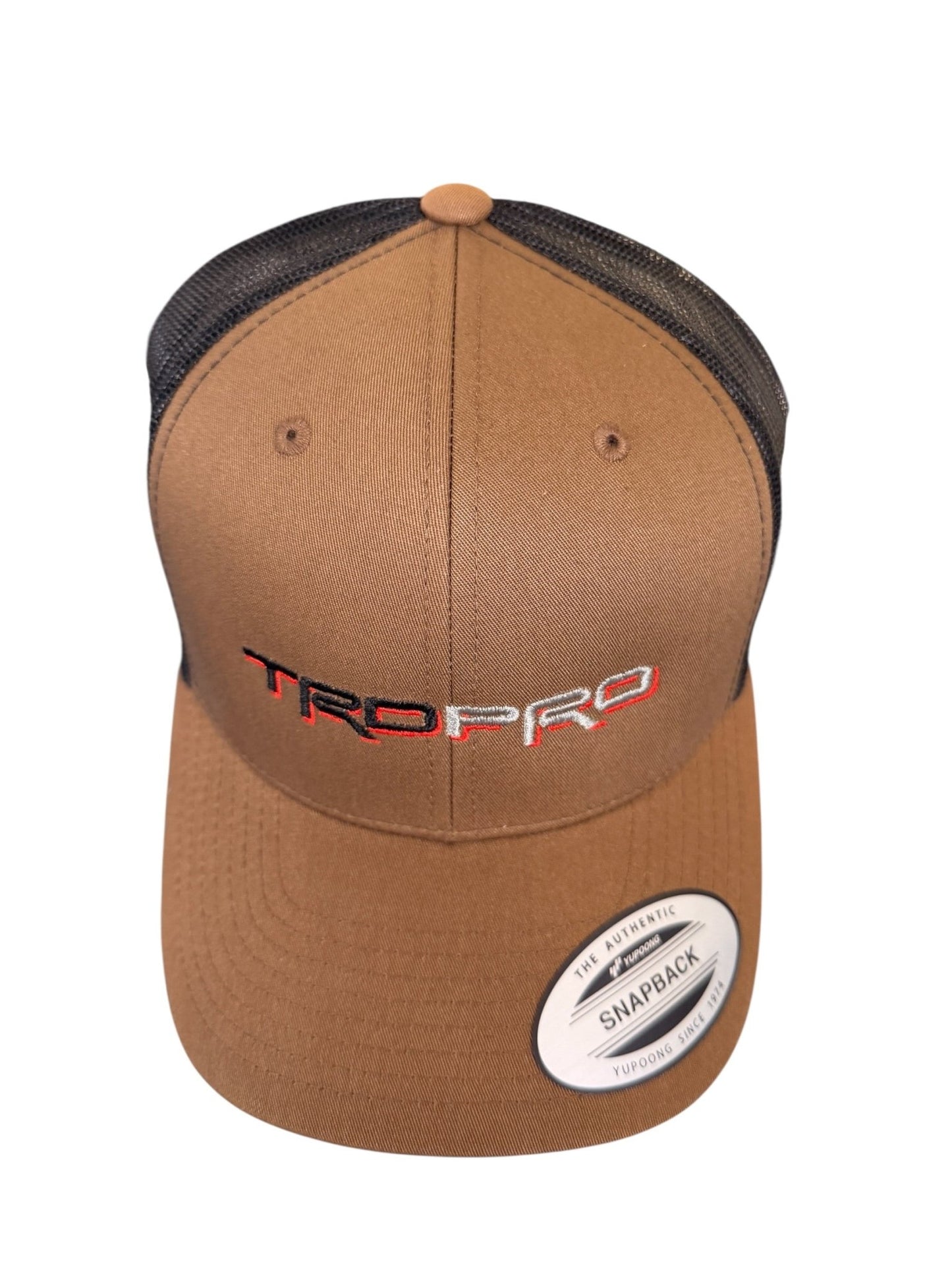 Brown cap with black mesh back and Trd pro logo on a white background