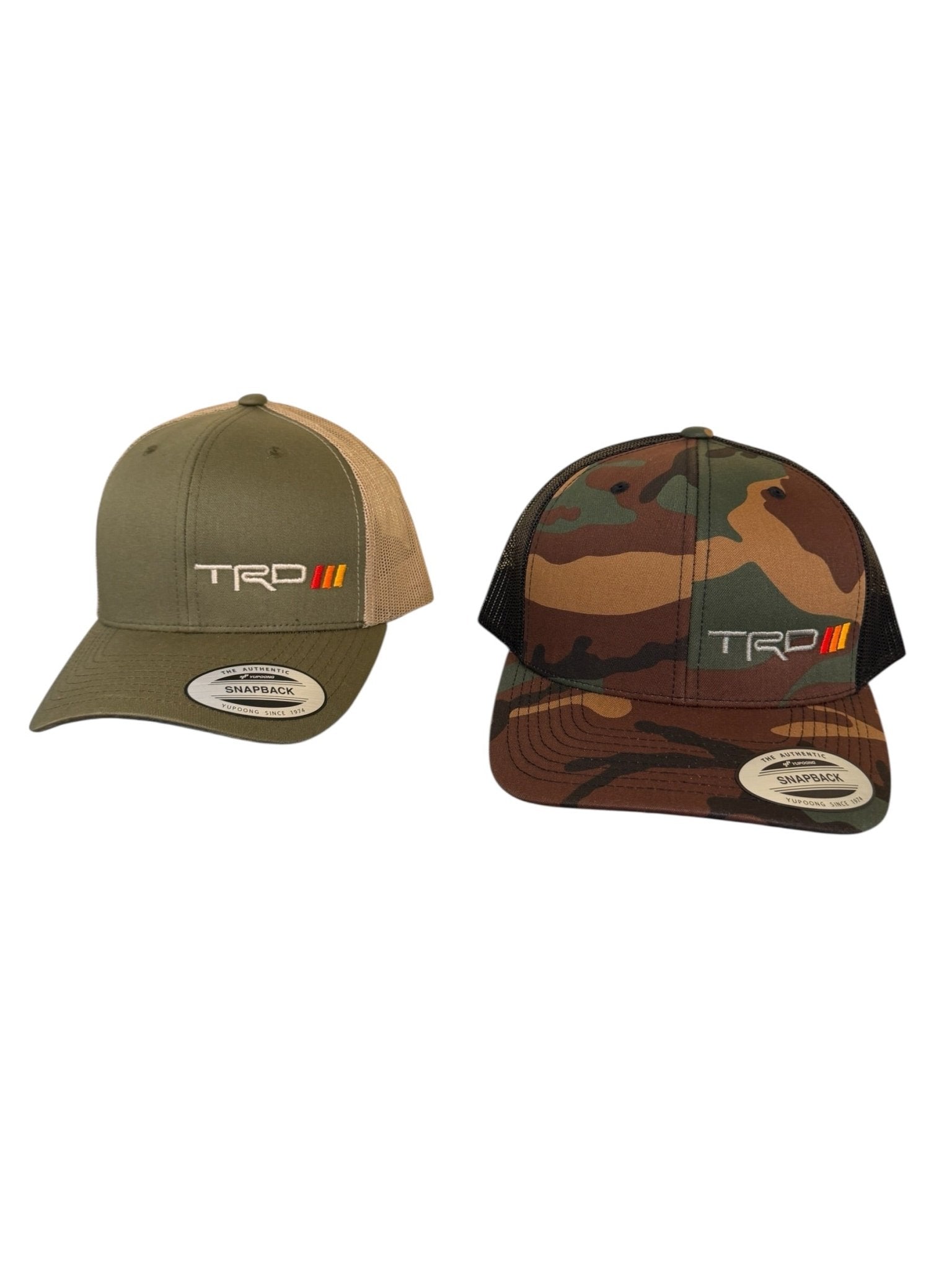 Two TRD branded caps, one green and brown, the other camouflage, Battle Born Clothing