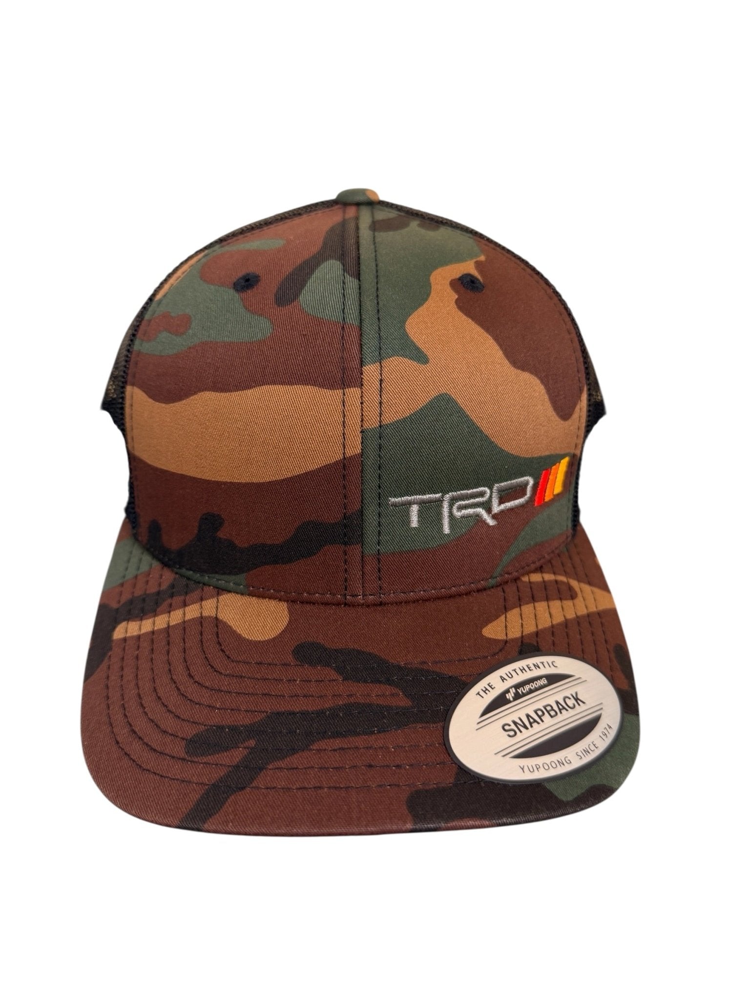 Camouflage cap with TRD logo on a white background