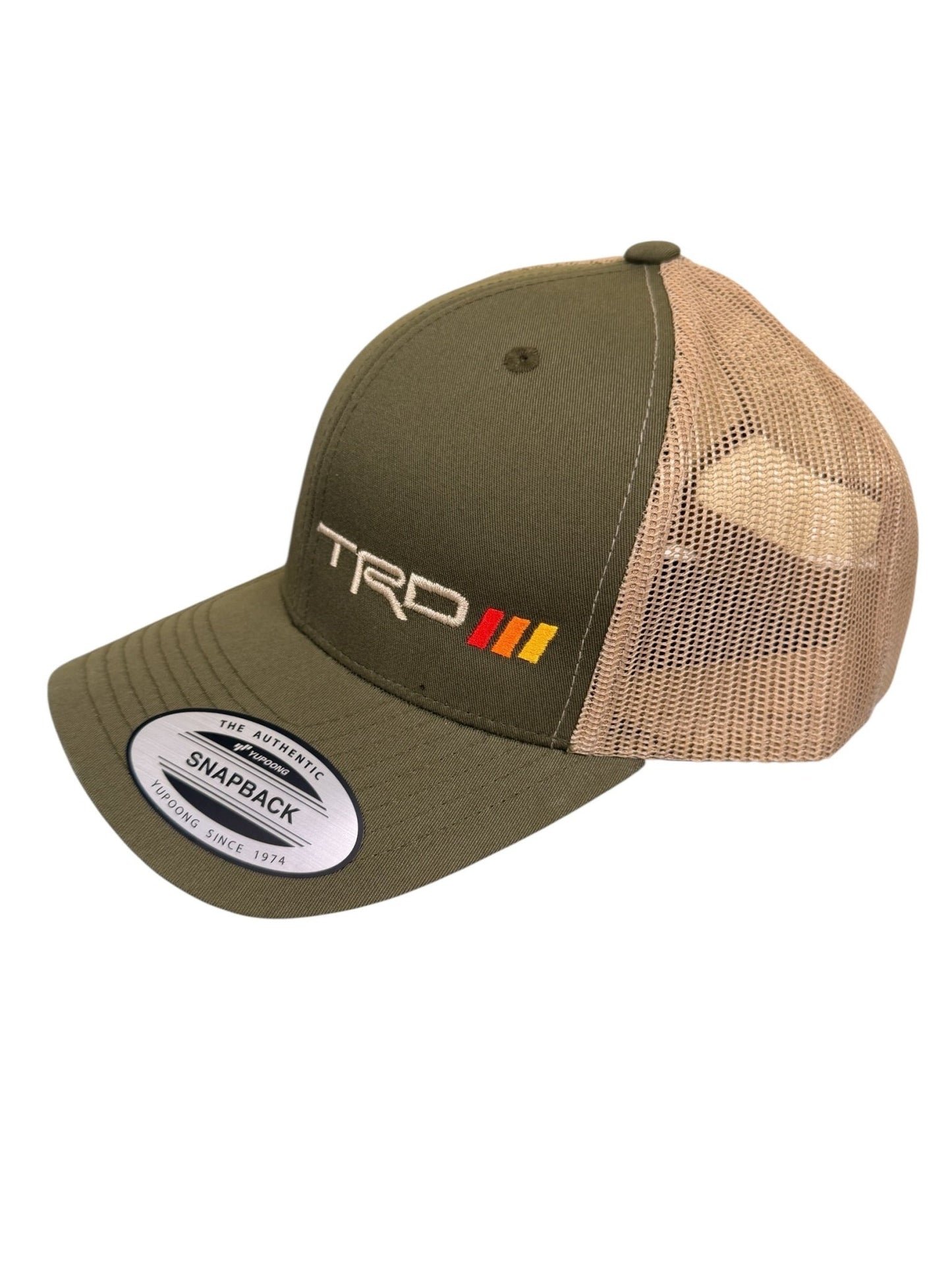Green and beige cap with TRD logo on a white background