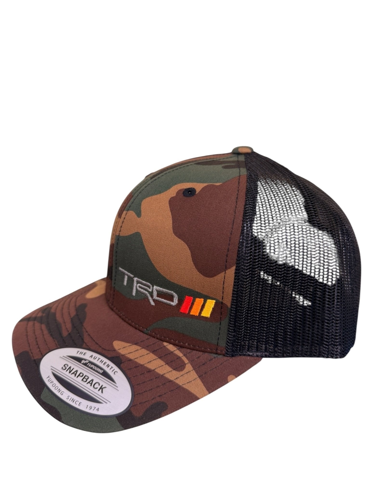 Camouflage trucker hat with black mesh back and TRD logo on a white background